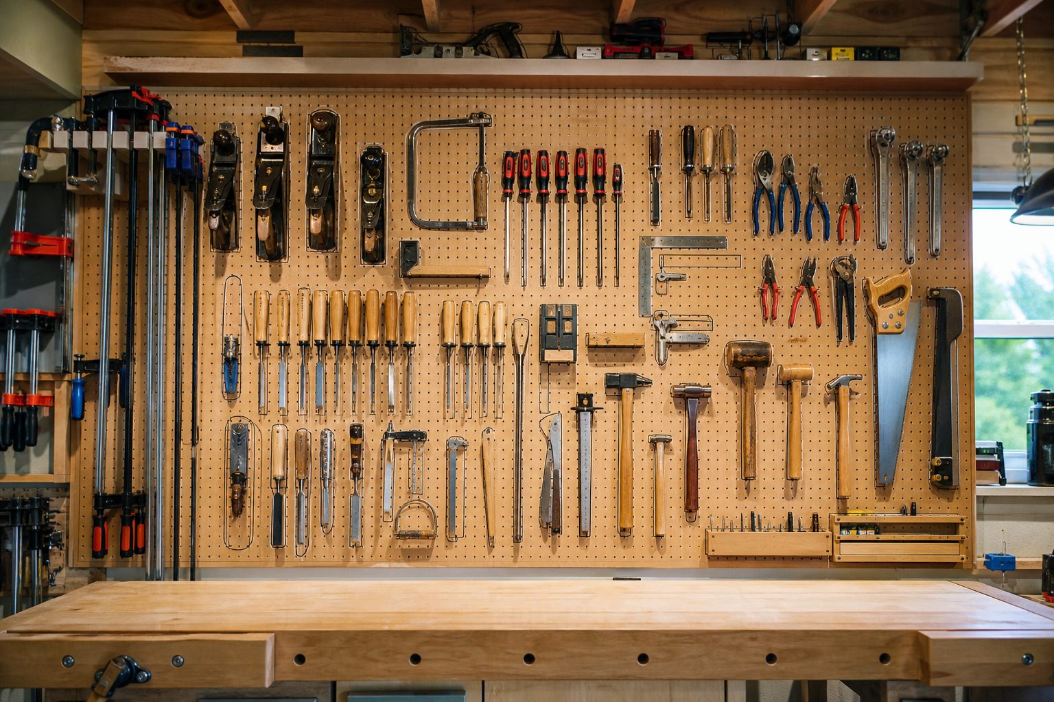 Beginner Woodworking Tools & Equipment: What You Need and Why 4 Organized pegboard tool wall in a home workshop