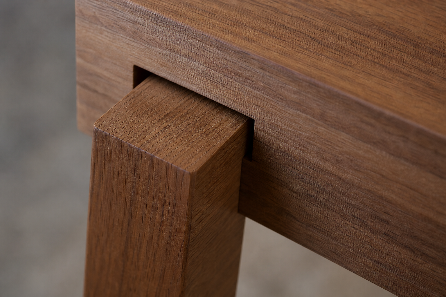 Mortise and tenon table leg joint close up