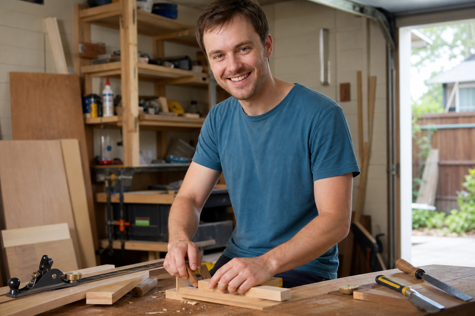 Beginner woodworker working with basic tools in a small home garage workshop