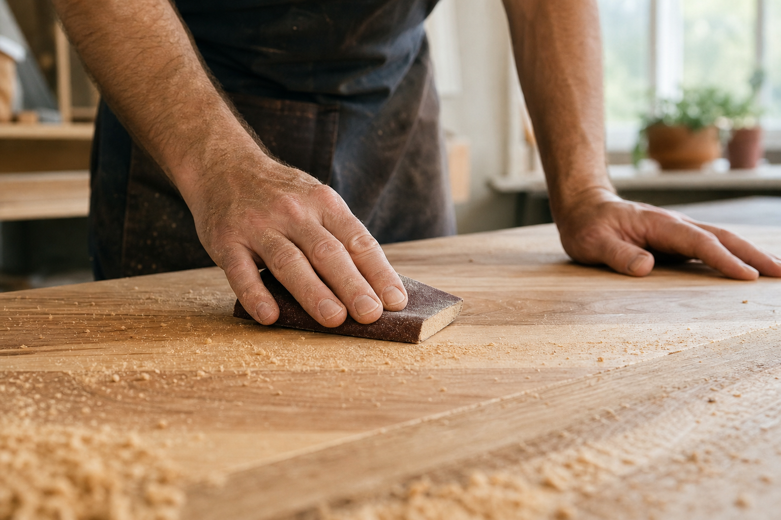 Woodworker sanding a wood tabletop in a home workshop. furniture building plans