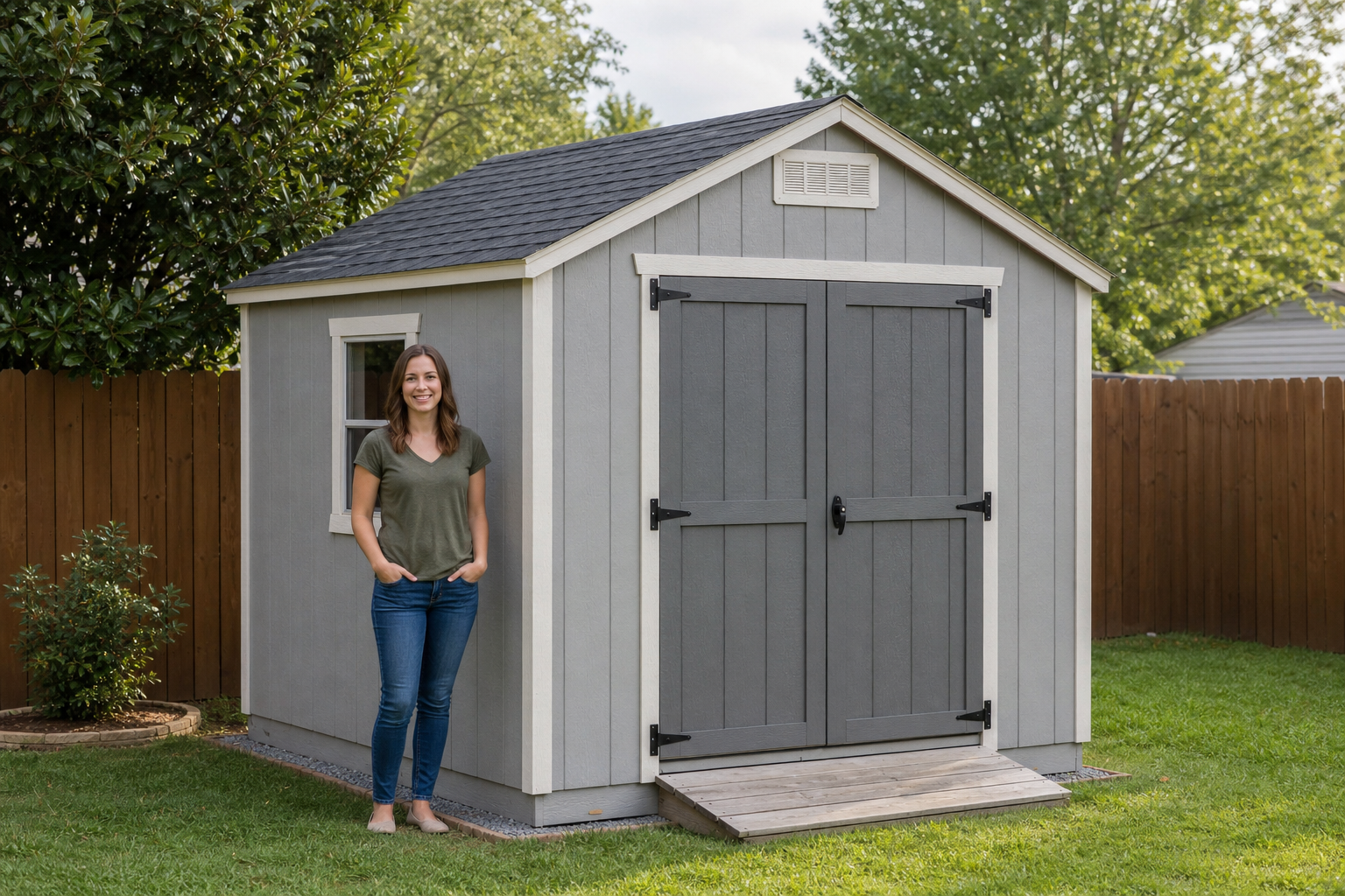 Best Shed Size for Suburban Lots: Complete Comparison Guide 4 Person standing beside a medium-sized backyard storage shed for scale
