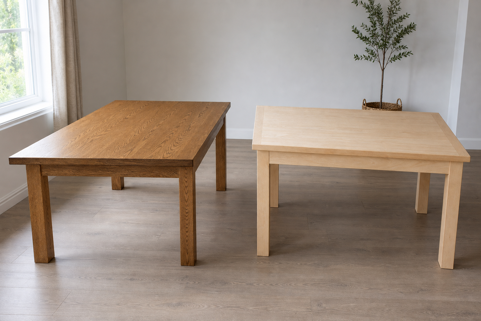 Two finished furniture pieces, an oak table and a maple table. Oak vs. Maple Hardwood: Which Is Best for Your Furniture Project?  