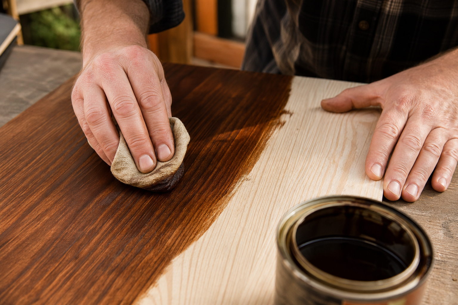 Hands applying wood stain to a board
