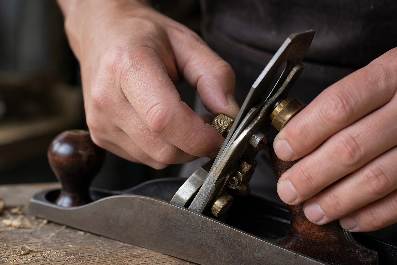 Hands adjusting the sole and blade depth of a hand plane