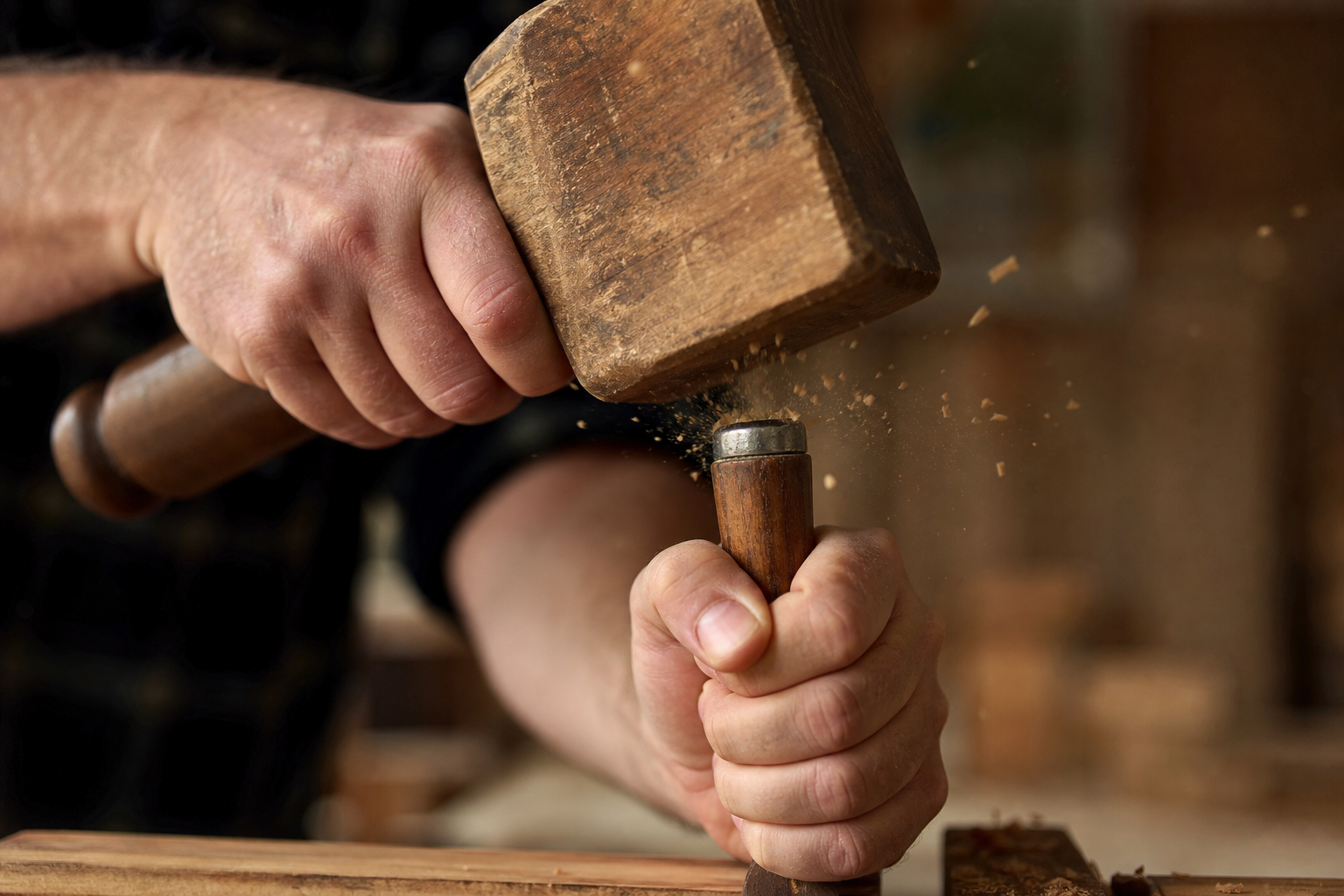 Wooden mallet striking a chisel handle