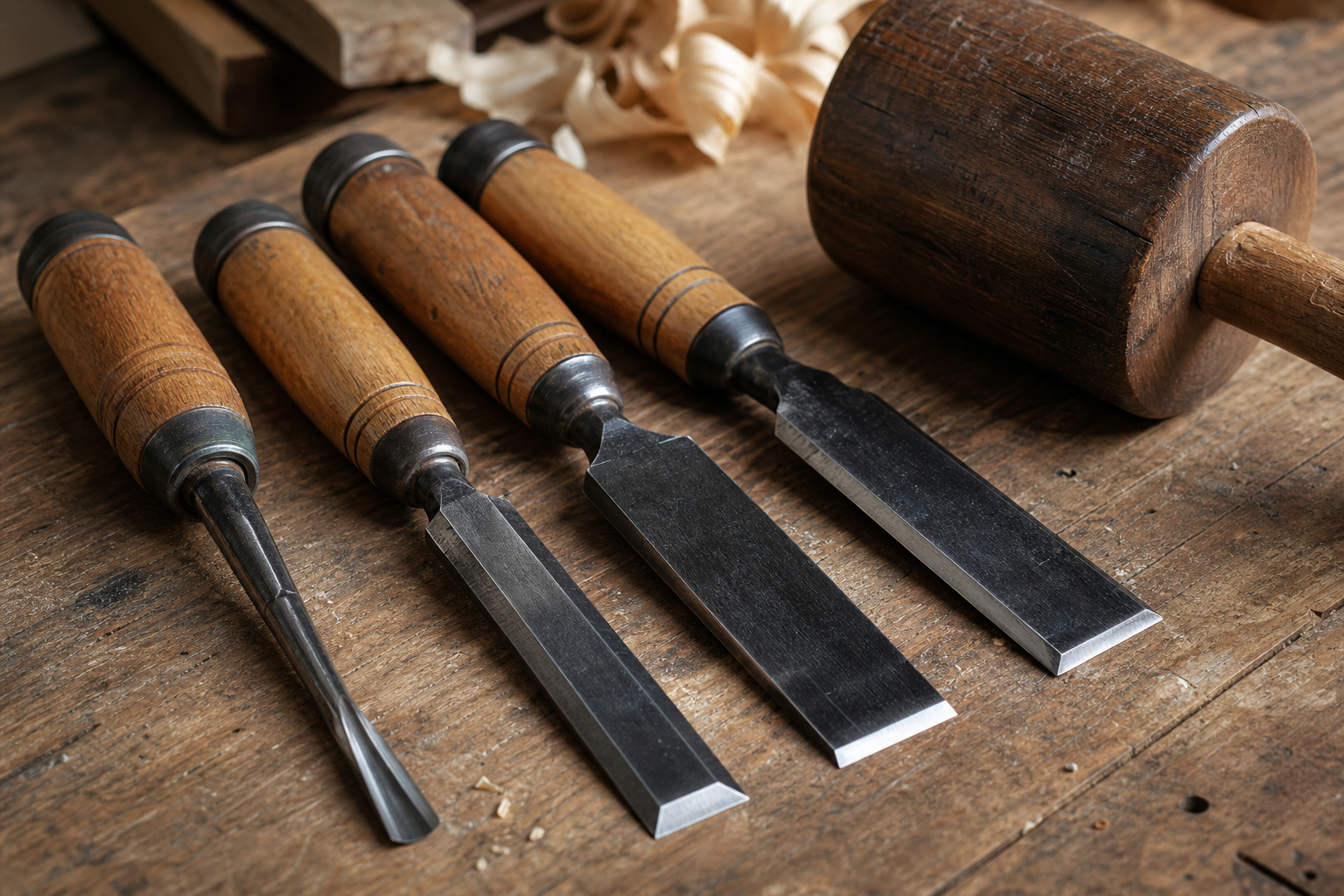 Beginner Woodworking Tools & Equipment: What You Need and Why 2 Woodworking chisels and mallet arranged on a workbench