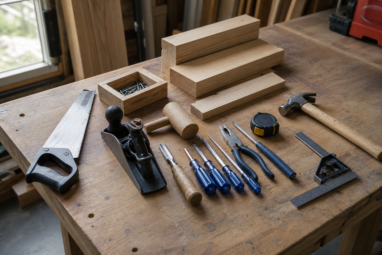 Modest budget starter woodworking tool set laid out neatly on a workbench