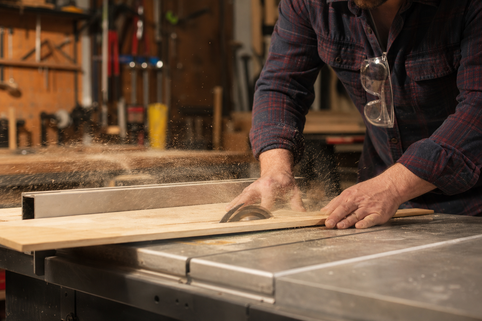 Beginner Woodworking Tools & Equipment: What You Need and Why 3 Table saw cutting a wood board in a home workshop. Beginner Woodworking Tools & Equipment
