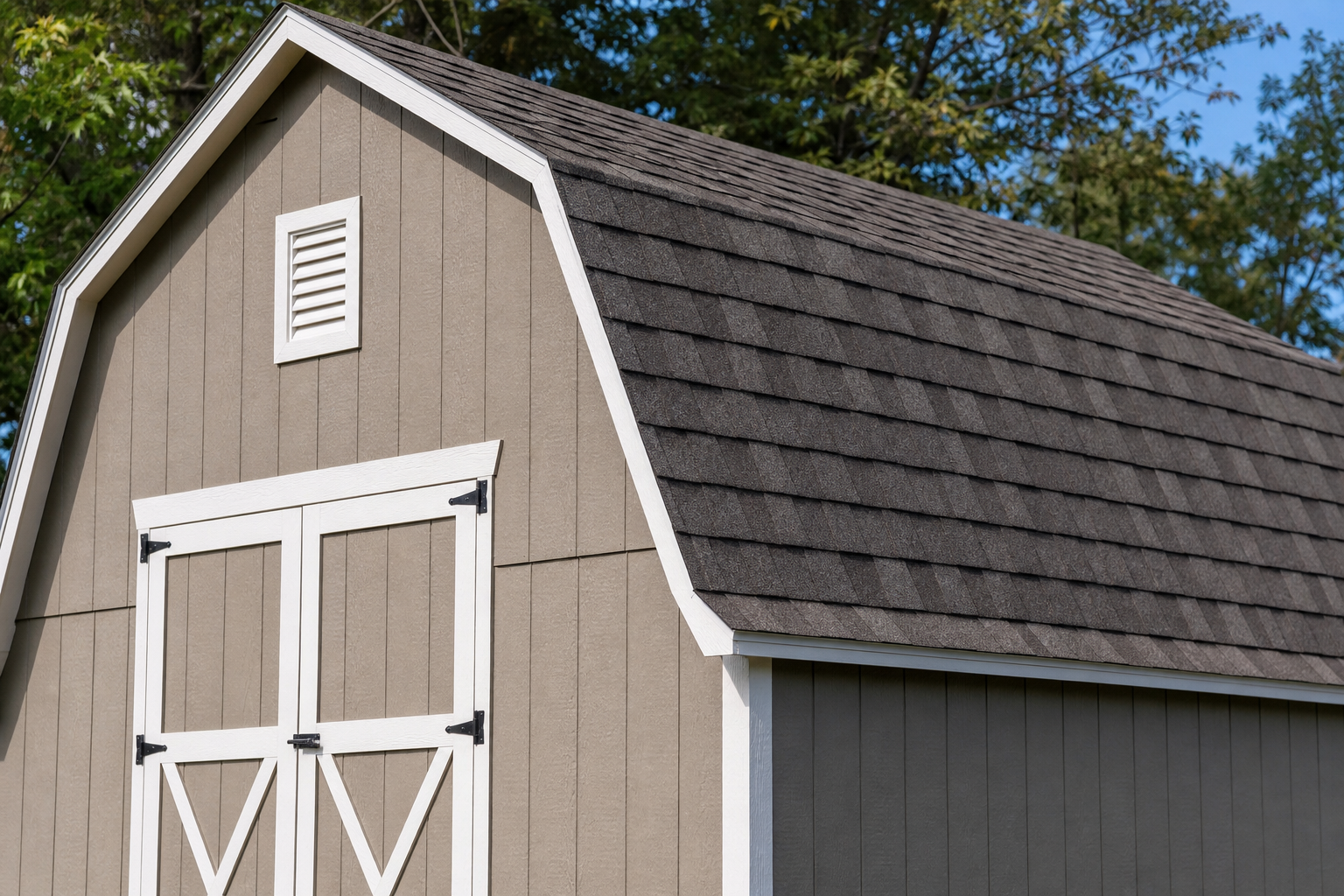 Close-up of a barn-style gambrel roof shed. Best Shed Roof Style