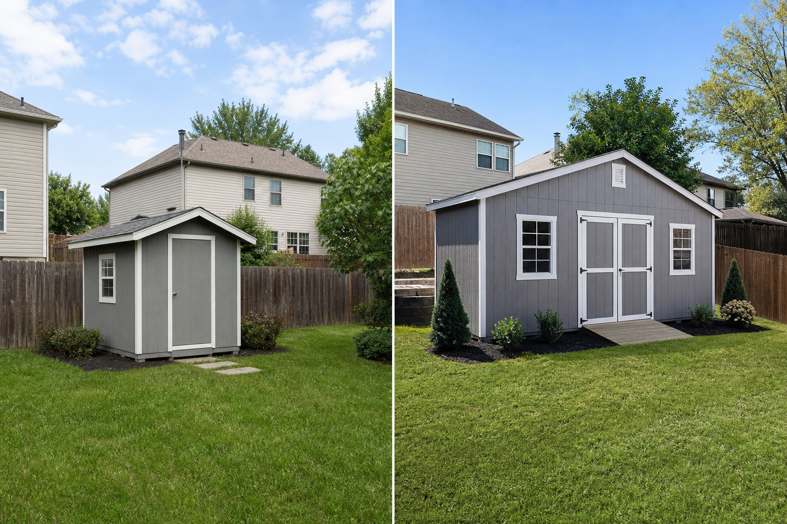 Best Shed Size for Suburban Lots: Complete Comparison Guide 3 Comparison of a small shed and a large shed in similar suburban backyards