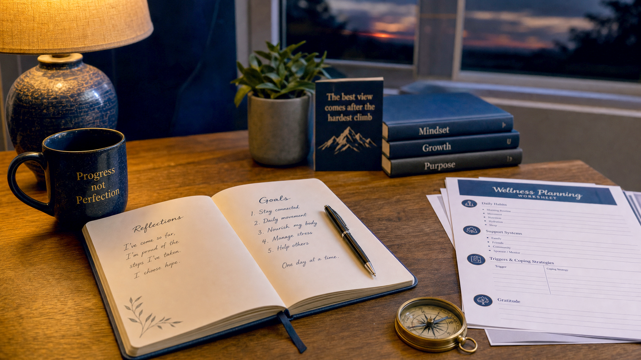 A warm-lit desk with an open wellness planning journal