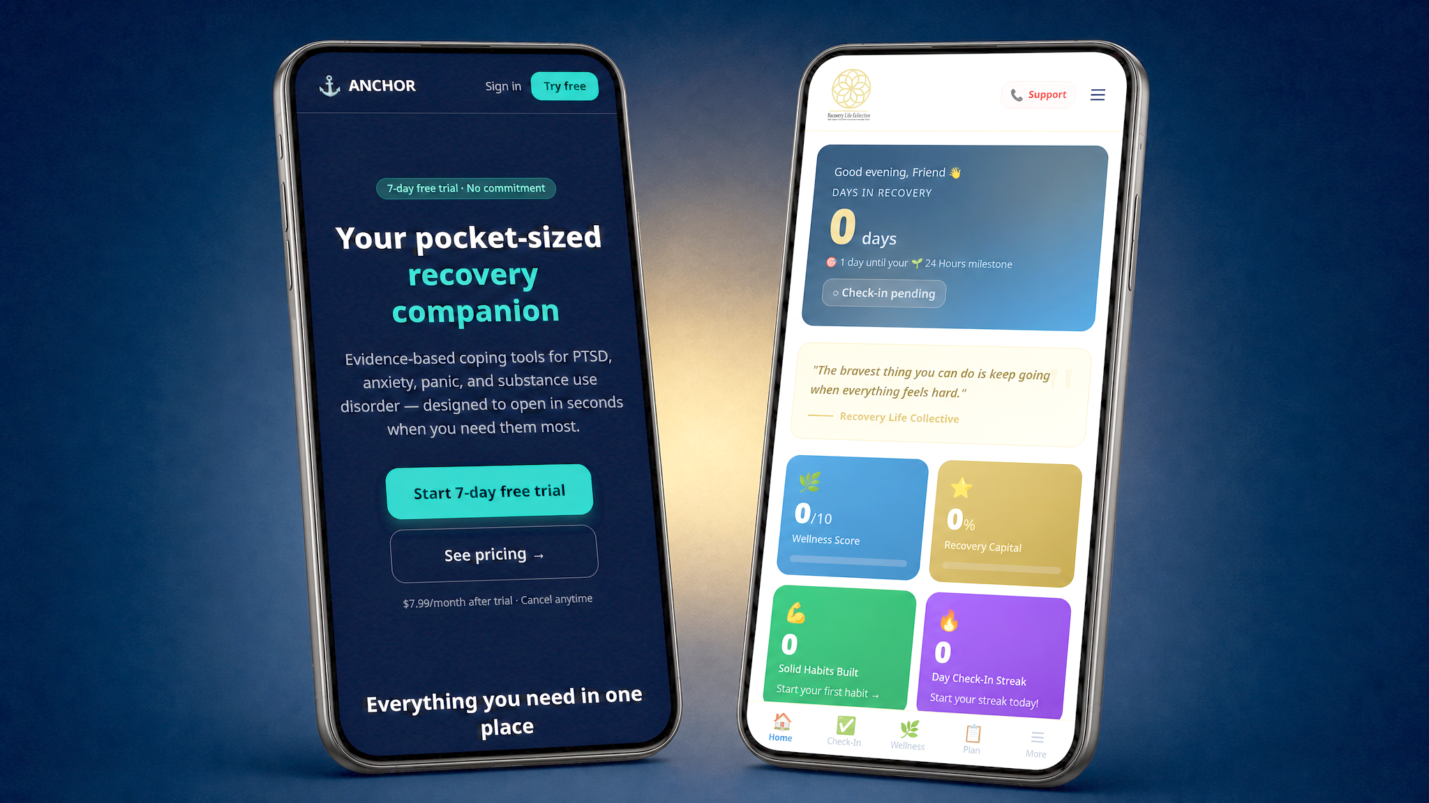 Authentic screenshots of the Recovery Life Resources companion apps shown on phones