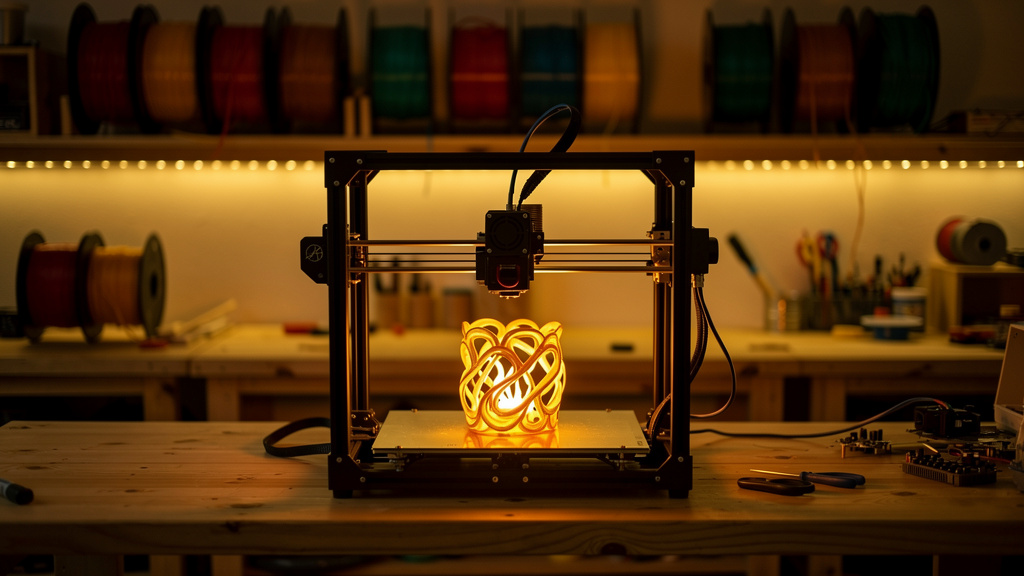 A 3D printer printing in a warm workshop