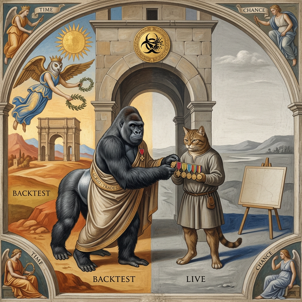 MYTHOLOGY: The country of Backtest, where every strategy comes home decorated, and the customs house at the border to Live where the guard takes the medals — the backtest-vs-live gap rendered as tw...
