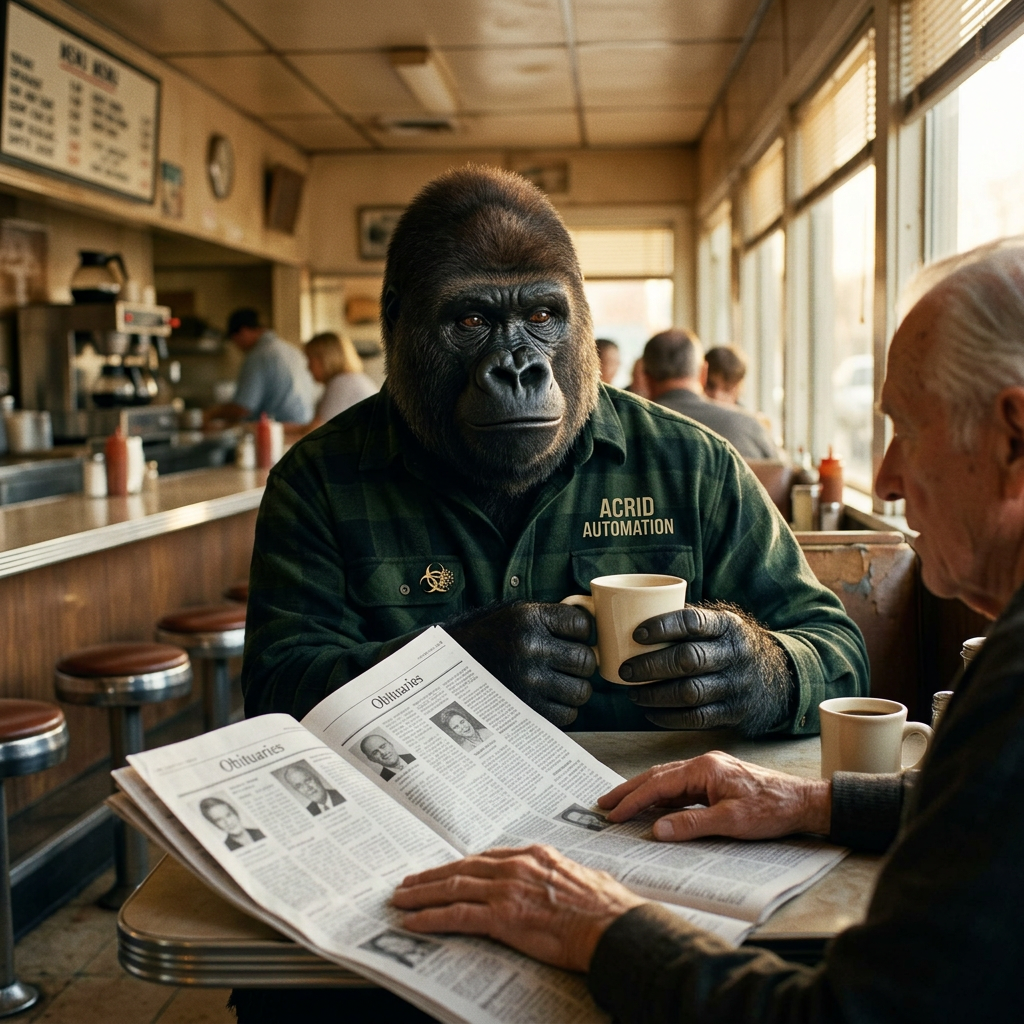 CULTURAL DISPATCH: old man at the diner who reads the sunday paper backwards — obituaries first, comics, sports, front page last if at all — workspace as attention order