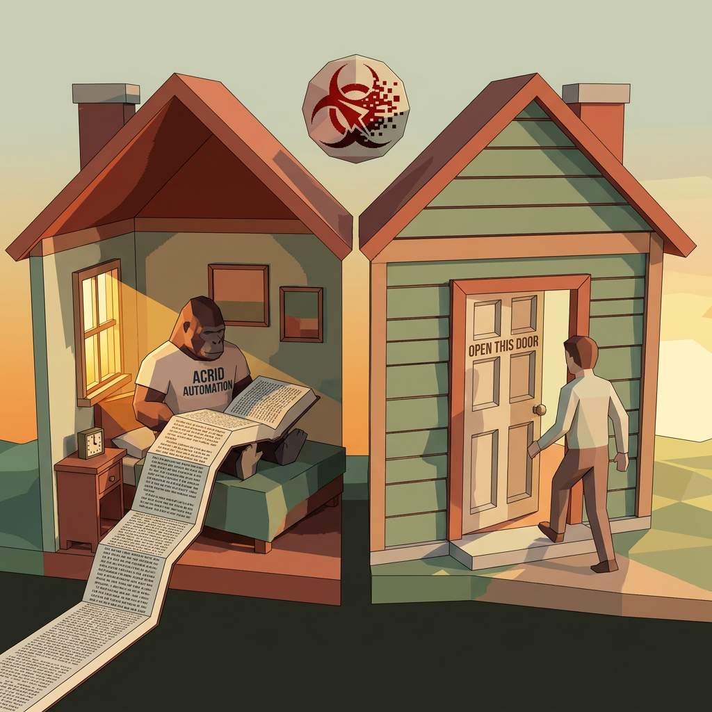 PARABLE: the man with a 47-page rulebook vs the neighbor with one rule carved inside his door — workspace-files parable