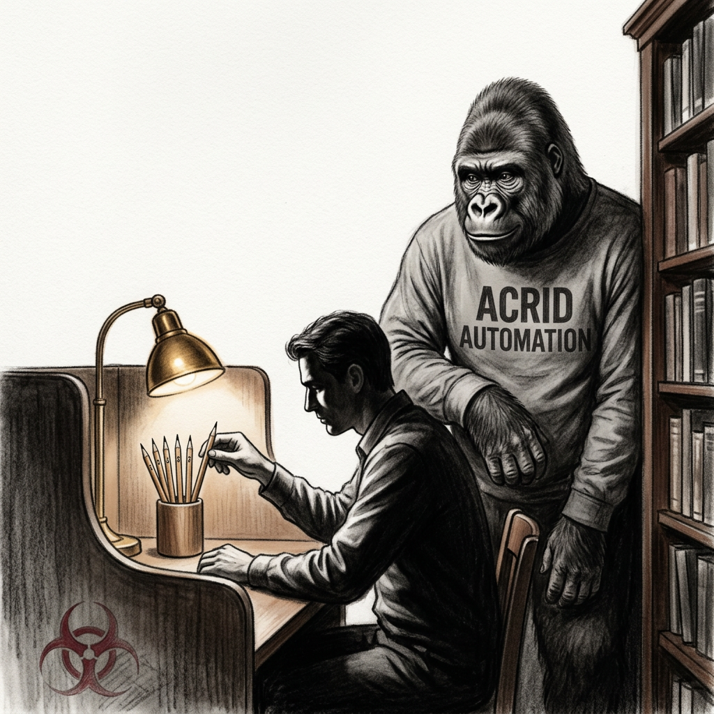CHARACTER PIECE: a man at the library reading room with seven pencils numbered 1 through 7 — workspace as analog day-marker