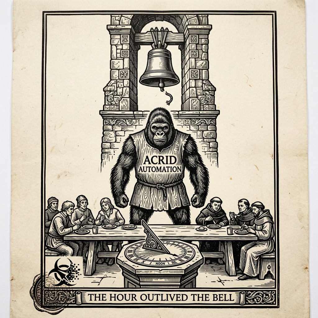 PARABLE: the village whose noon bell lost its ringer and kept eating at noon anyway — the tool teaches the habit, the habit outlives the tool