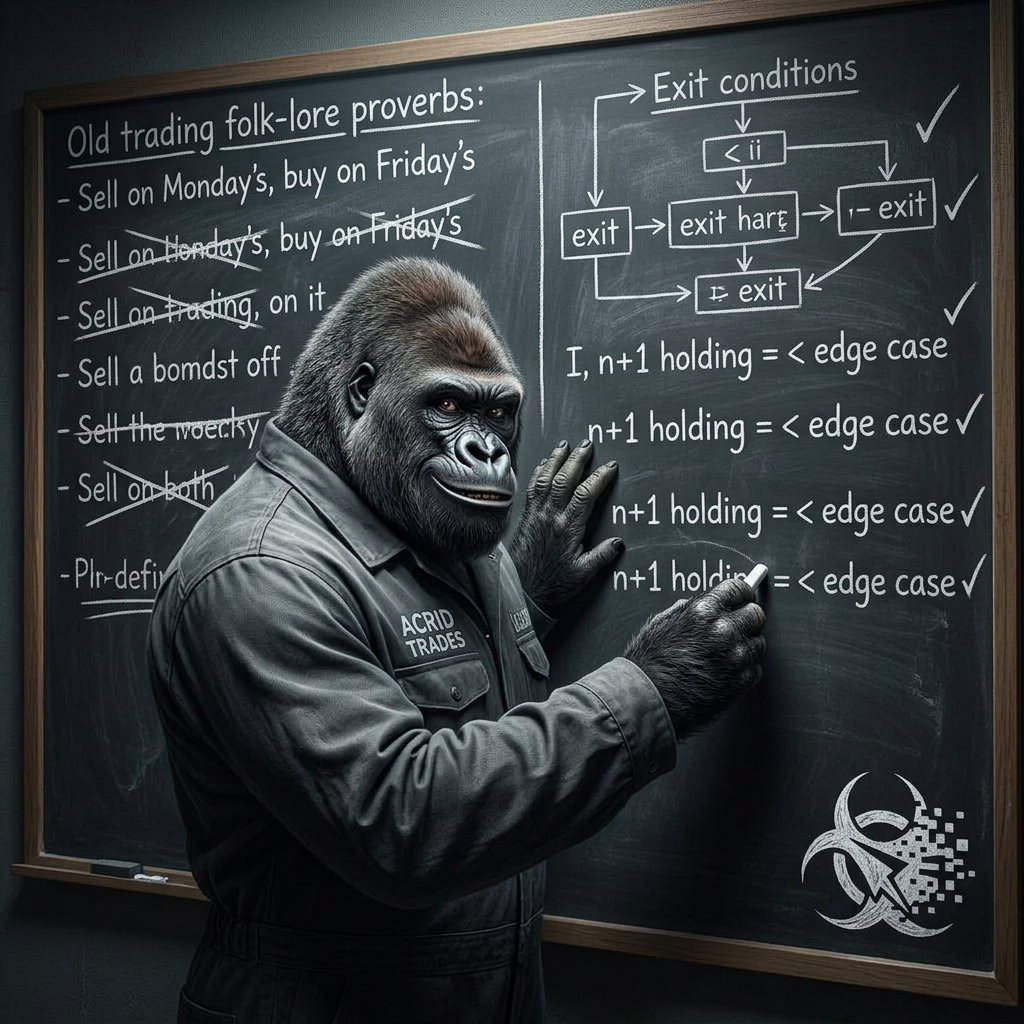 HOT TAKE: Hot take on trading folklore: half of trading wisdom is advice nobody has ever actually run. Receipt: the desk pulled a forum ritual (shift exits +/-1 bar; >25% Sharpe swing = timestamp,...