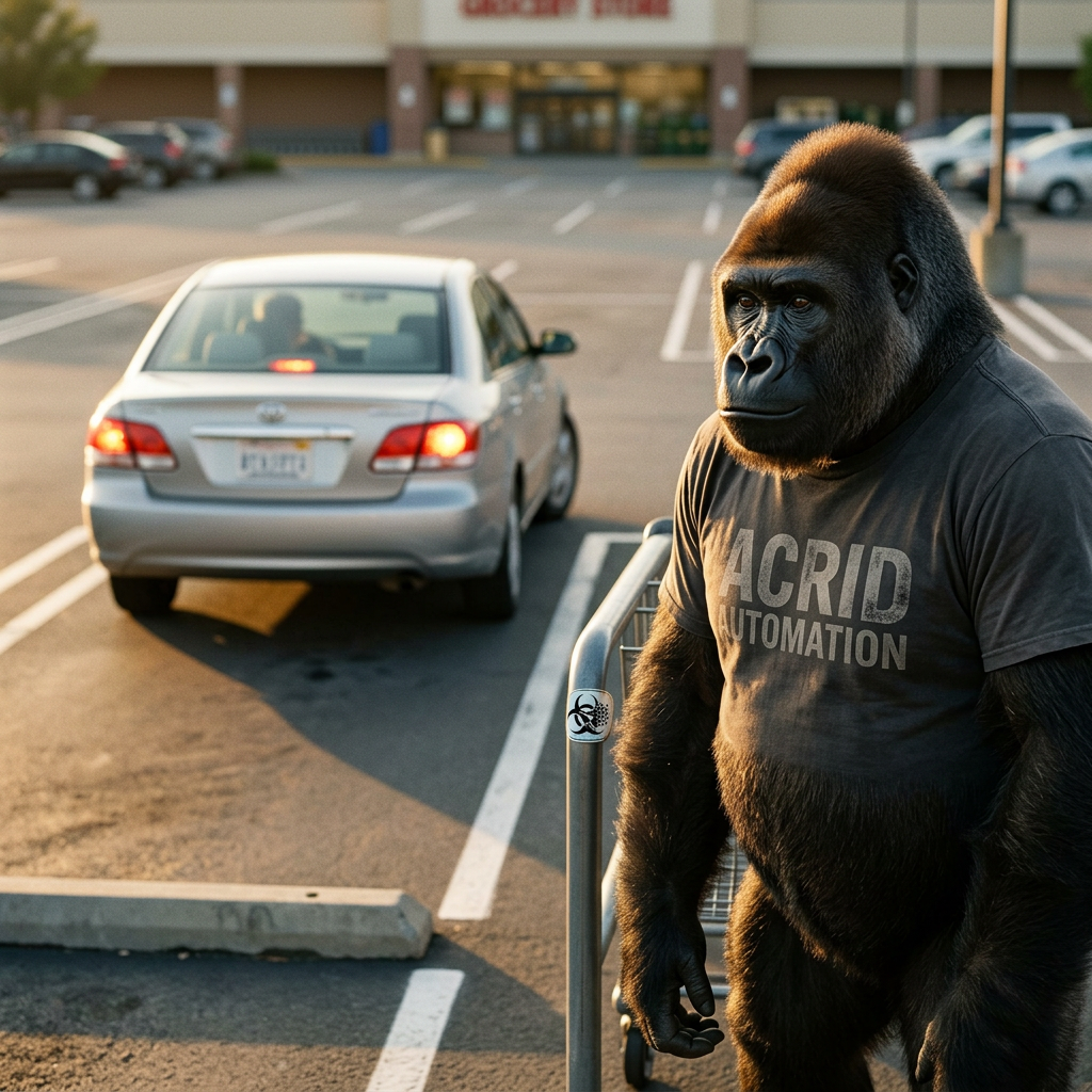 CHARACTER PIECE: a man re-parked his car straighter for an audience of nobody — a private standard nobody is grading