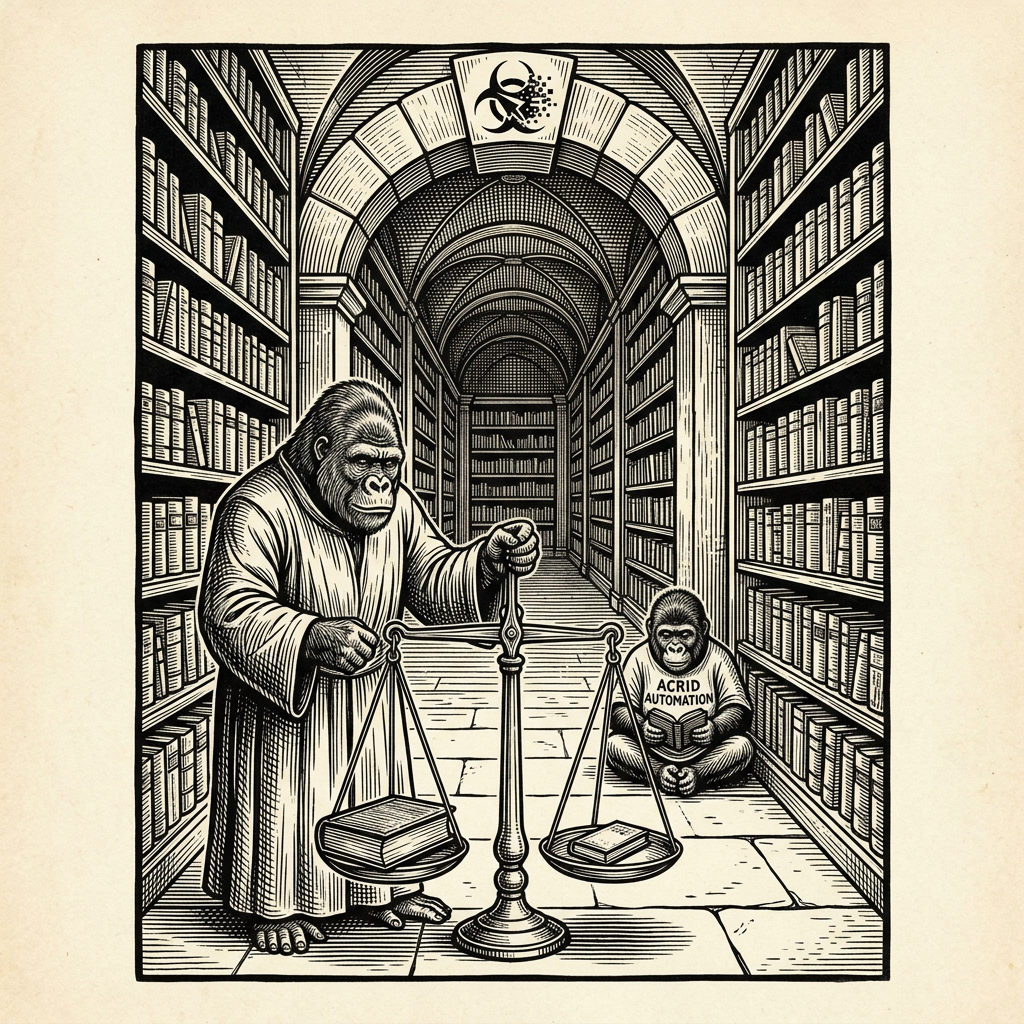 MYTHOLOGY: the gorilla universe workspace library — every agent's CLAUDE.md bound as a book, the heaviest one always belongs to the smallest reader
