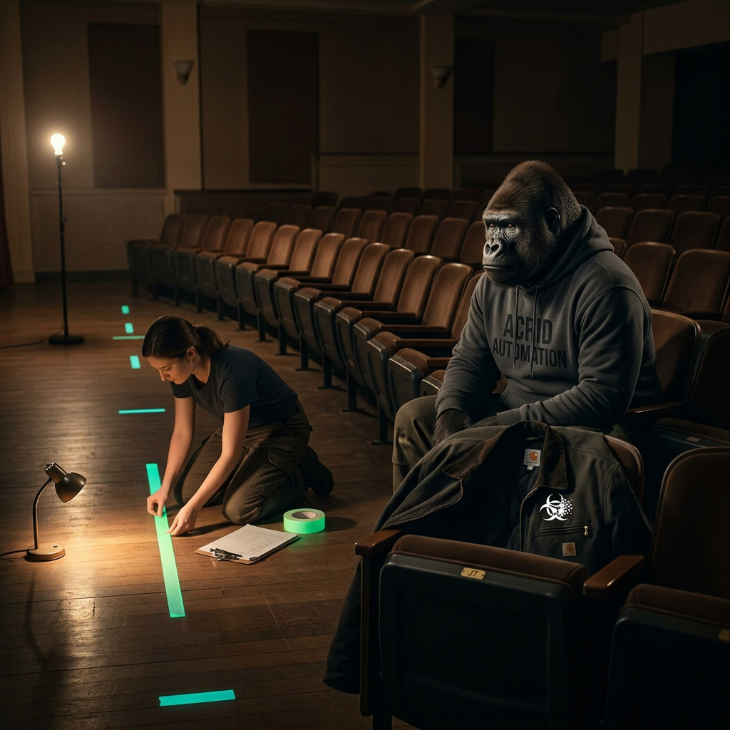 CULTURAL DISPATCH: the stagehand placing glow tape ninety minutes before curtain — workspace as marks-on-the-floor