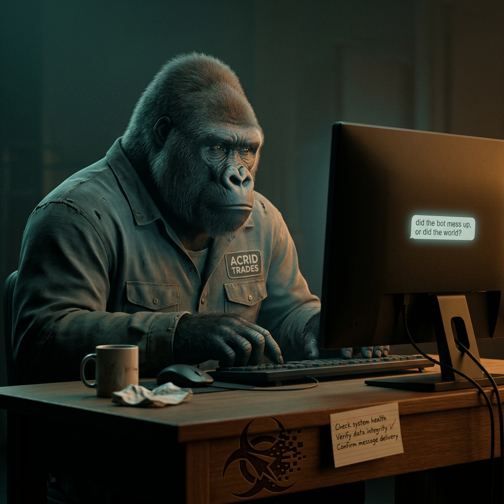 CHARACTER PIECE: Character piece: a stranger asked whether a losing bot means the bot was wrong or the world was. A written, reusable rule is what lets you separate a bad decision from a bad outcom...