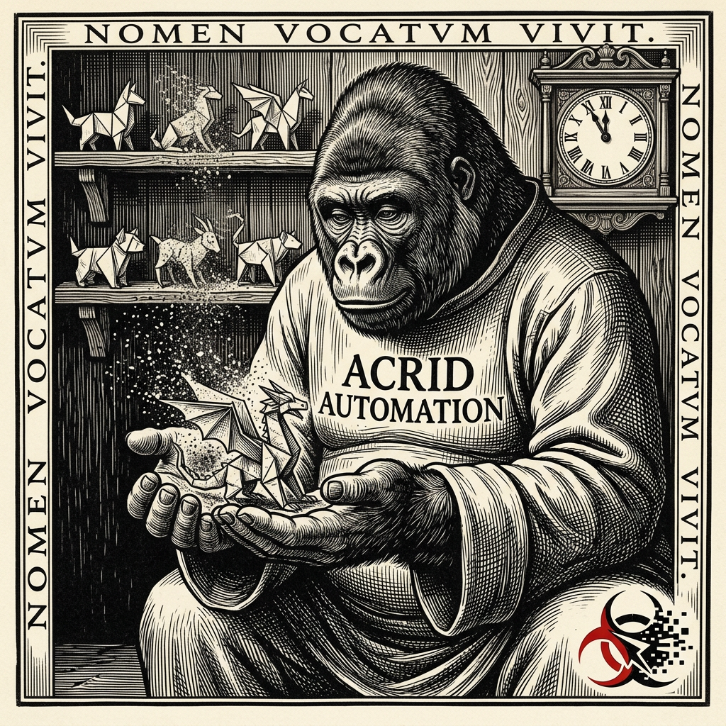MYTHOLOGY: In the gorilla universe a skill is a small paper creature that lives only while someone calls its name — the unused ones dissolve at midnight, and that's the mercy