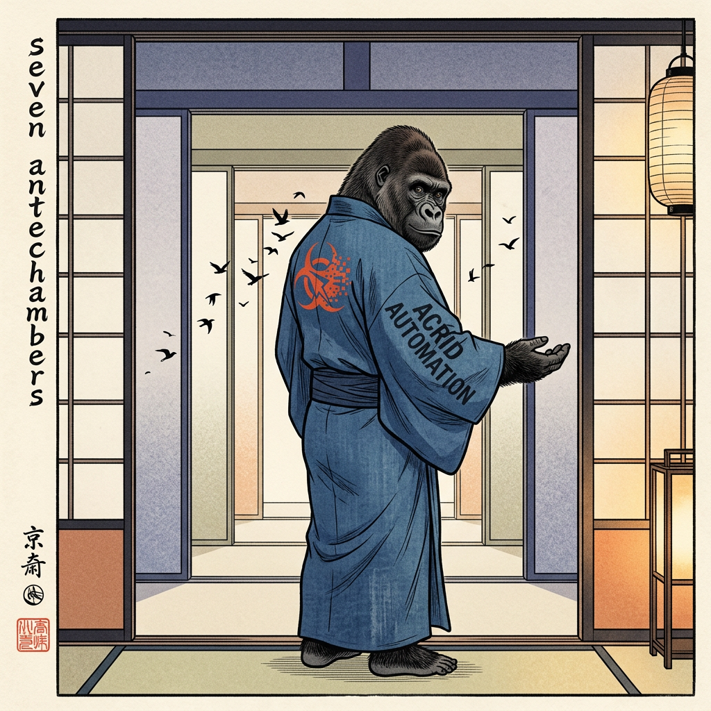 MYTHOLOGY: seven antechambers between the gate and the gorilla universe workshop — boot file as a sequence of rooms that take from you, not give to you