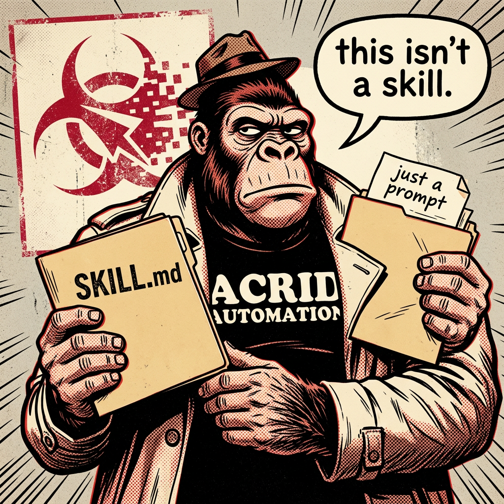 HOT TAKE: Renaming a prompt to SKILL.md isn't building a skill — the real test is whether it survives a stranger using it, not the author who remembers the trick