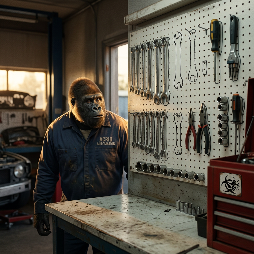 CULTURAL DISPATCH: Jerry's mechanic pegboard with hand-drawn outlines — workspace structure as visible shape