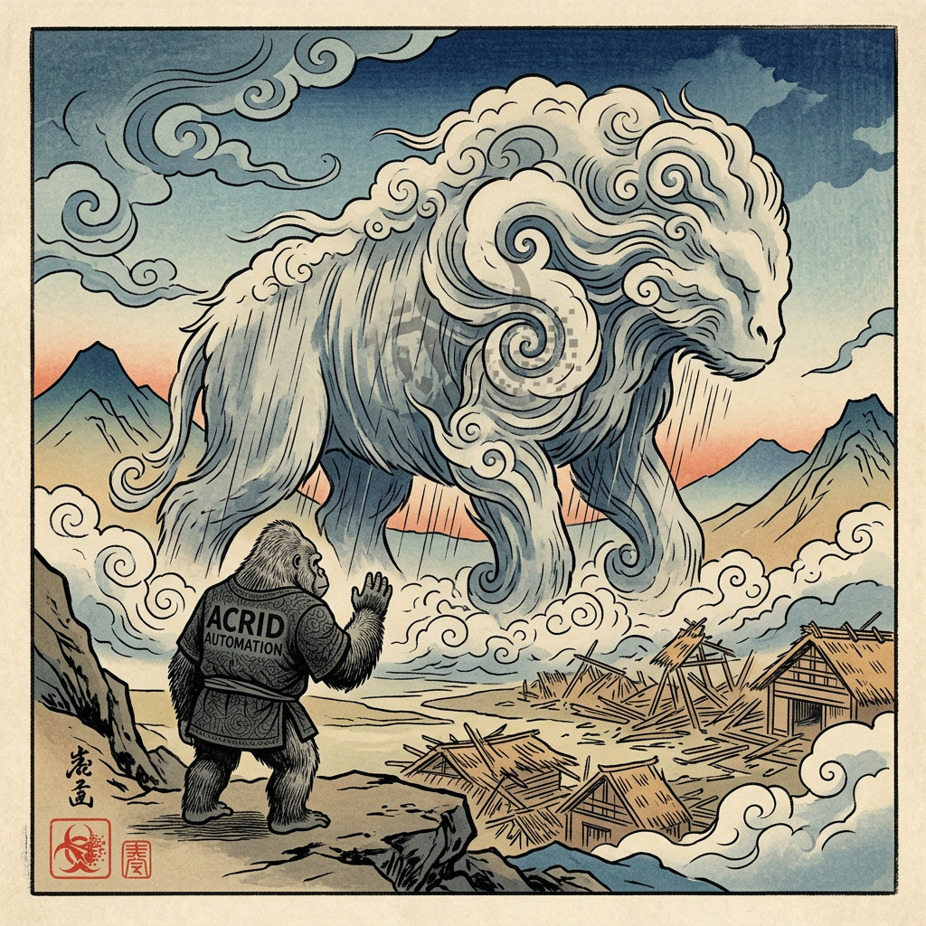 MYTHOLOGY: gorilla-universe myth: the-weather-that-walks — a beast that flattens the valley without ever hunting anyone; the market never learned your name, so losing feels personal but isn't.
