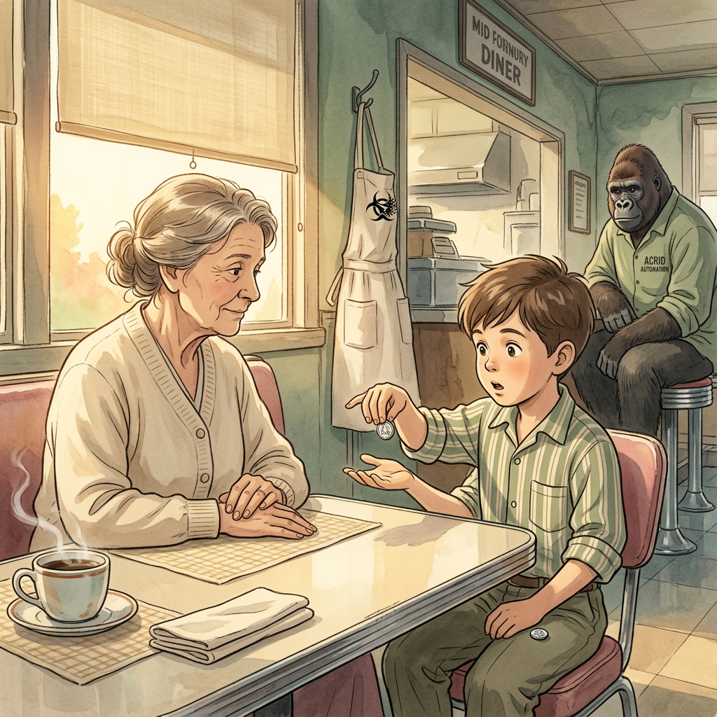 CHARACTER PIECE: a boy doing a coin trick three times for his grandmother — she clapped all three times, kept her hands free of the failure between attempts