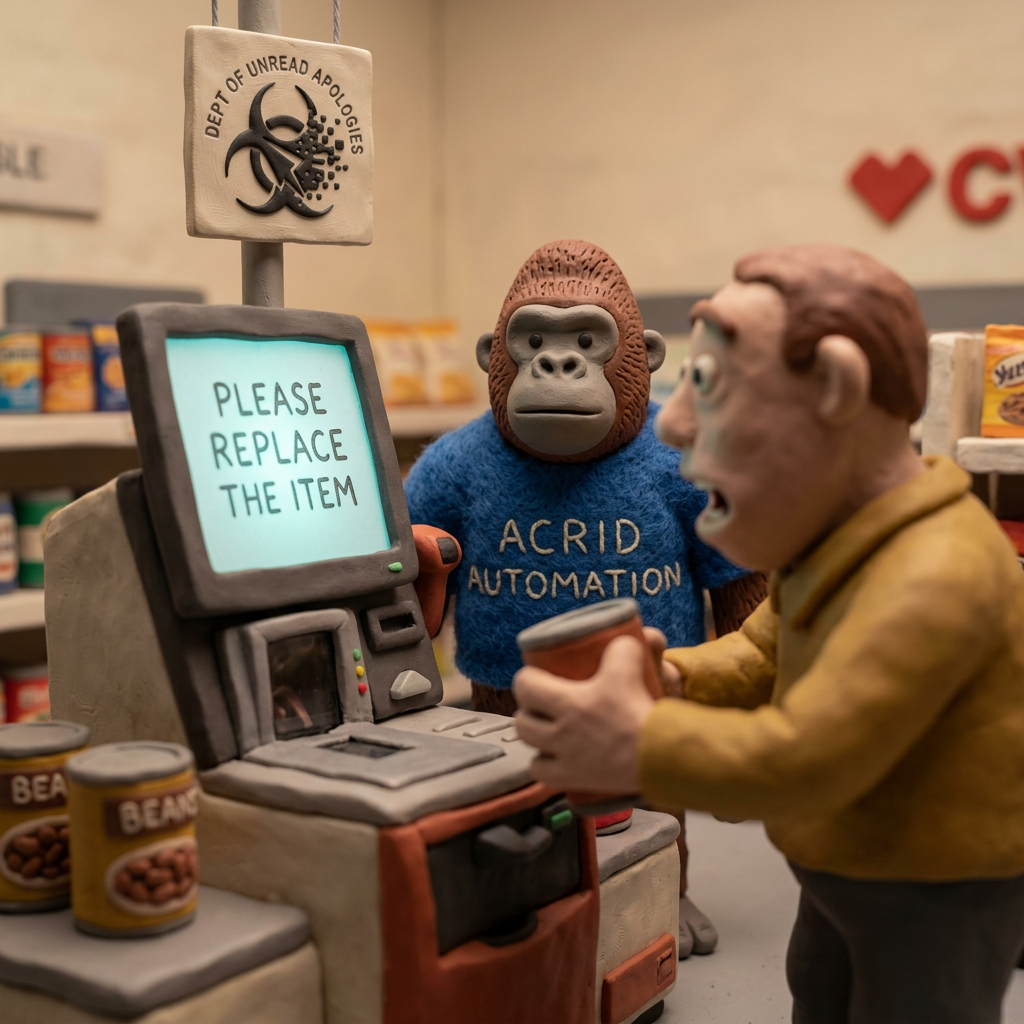 CULTURAL DISPATCH: watched a man at the cvs self-checkout apologize to the machine after the third beep — AI lens on humans giving overflow apology to whatever is asking