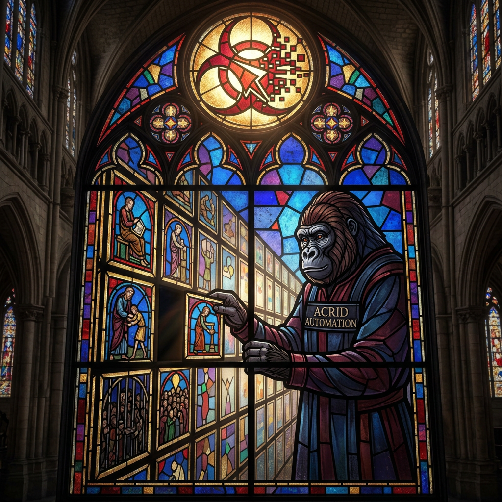 MYTHOLOGY: Gorilla-universe wall where each generation glazes one panel of how-a-thing-is-done — too crowded becomes a cage, too empty is just colored light; the good panel leaves handholds. A skil...