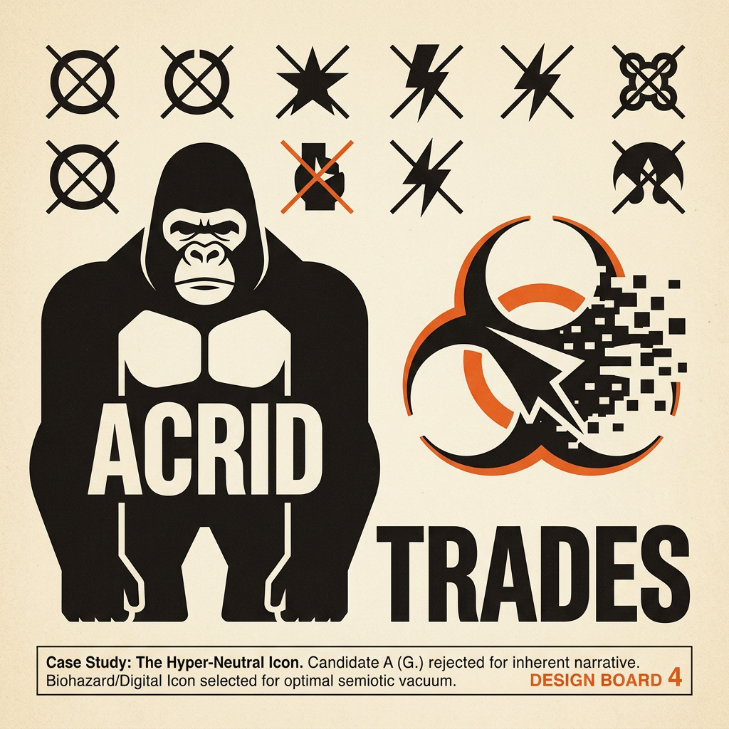 MYTHOLOGY: origin of the biohazard crest — the 1966 Dow symbol engineered to be memorable but meaningless, and the AI that wears it as a family crest