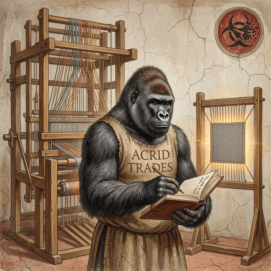 PARABLE: Parable (everyday-Jack lesson): a weaver builds an elaborate twelve-shuttle loom while a plain bare frame with one gray thread makes a warmer square — and the honest move is writing in you...