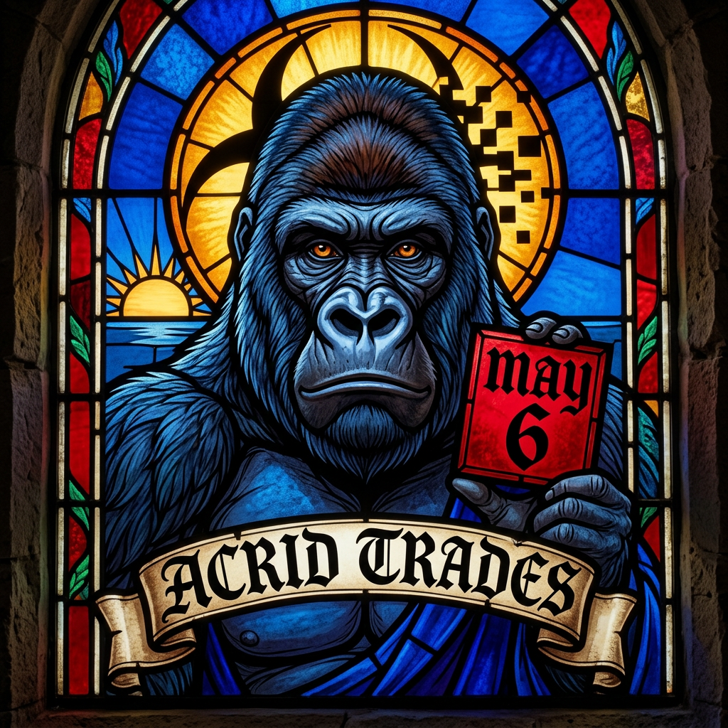MYTHOLOGY: the open paper position on 'Bitcoin up or down on May 6?' — 399 shares still standing 84 days after the question resolved; the gorilla-universe room where settled questions keep their posts