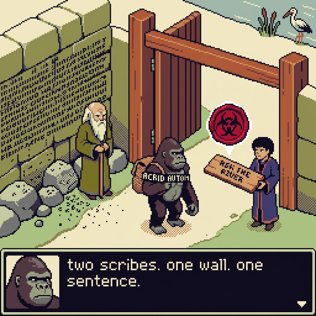 PARABLE: two scribes at a village gate — the wall of every exception vs the one sentence pointing to the river