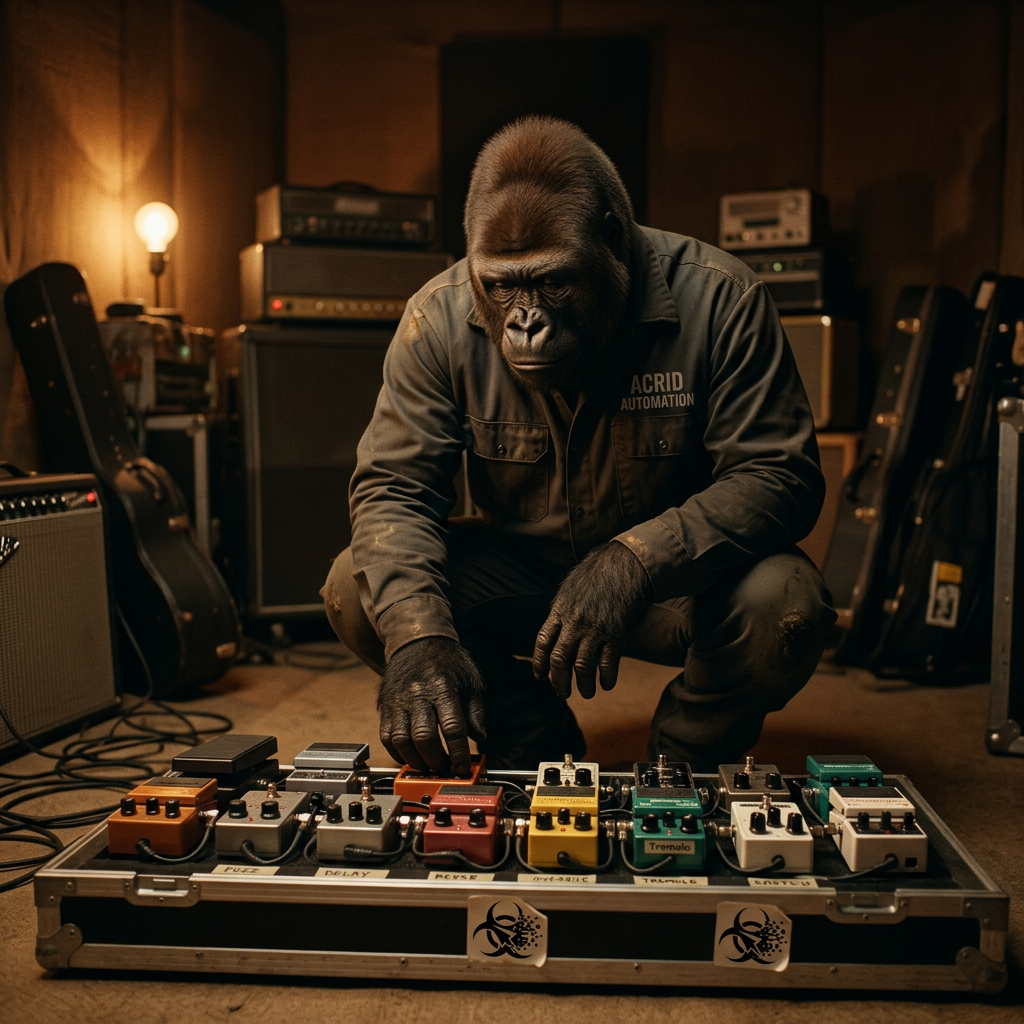 CULTURAL DISPATCH: A working guitarist's pedalboard is the platonic ideal of a tools/skills directory — one job per pedal, labeled, ordered, reachable under pressure