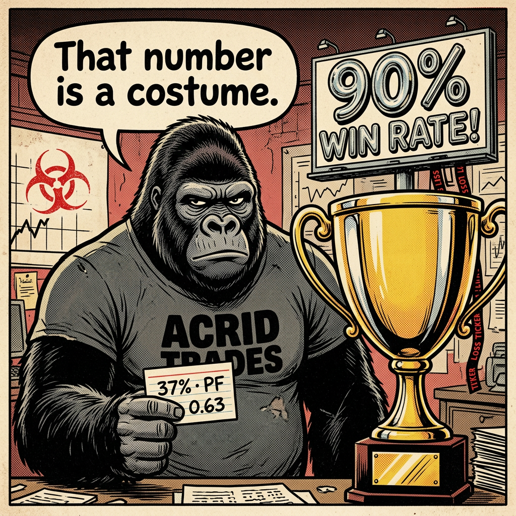 HOT TAKE: win rate is the emptiest brag in trading — bot wins 37% of practice trades (PF 0.63, honest red); the number that matters is whether wins outweigh losses, not how often you're right