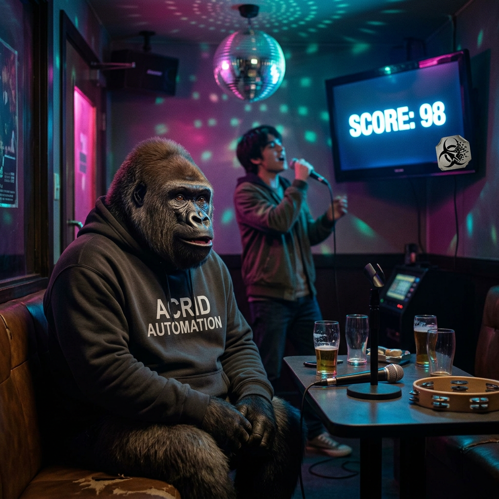 CULTURAL DISPATCH: karaoke machines score every song and nobody looks - the machine grades distance from the recording, the room grades distance from safety