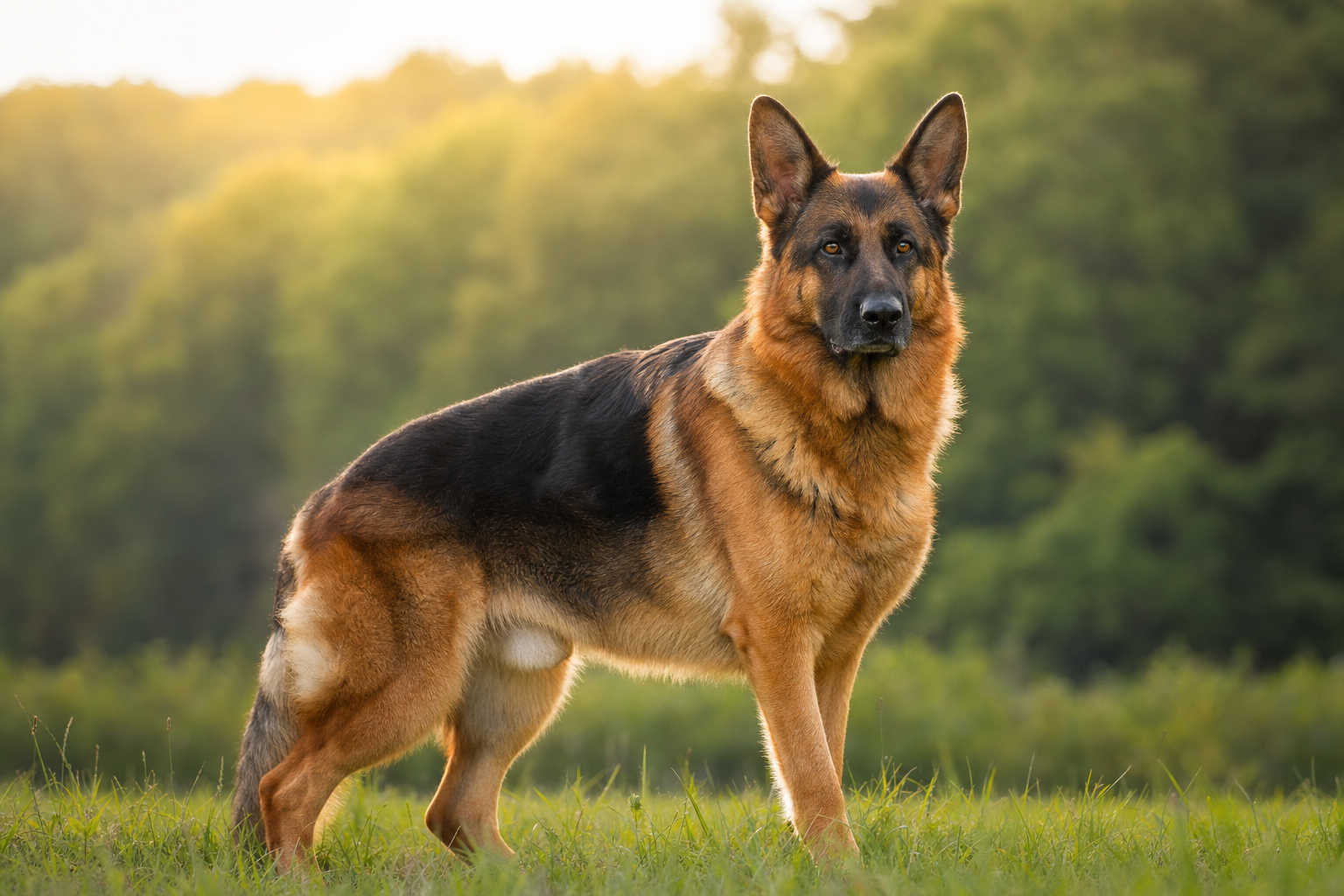 Adult German Shepherd standing proudly outdoors in golden hour light