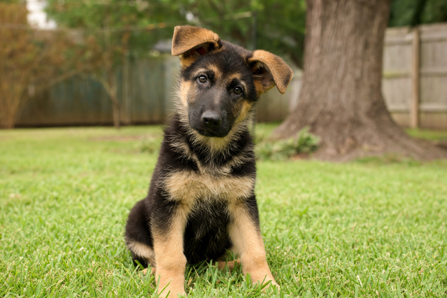 German Shepherd puppy sitting on grass in a backyard