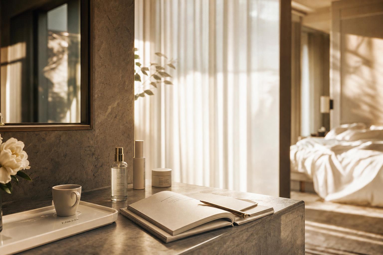 A luxury hotel suite morning — marble vanity, morning coffee, open journal, skincare, warm light through linen curtains