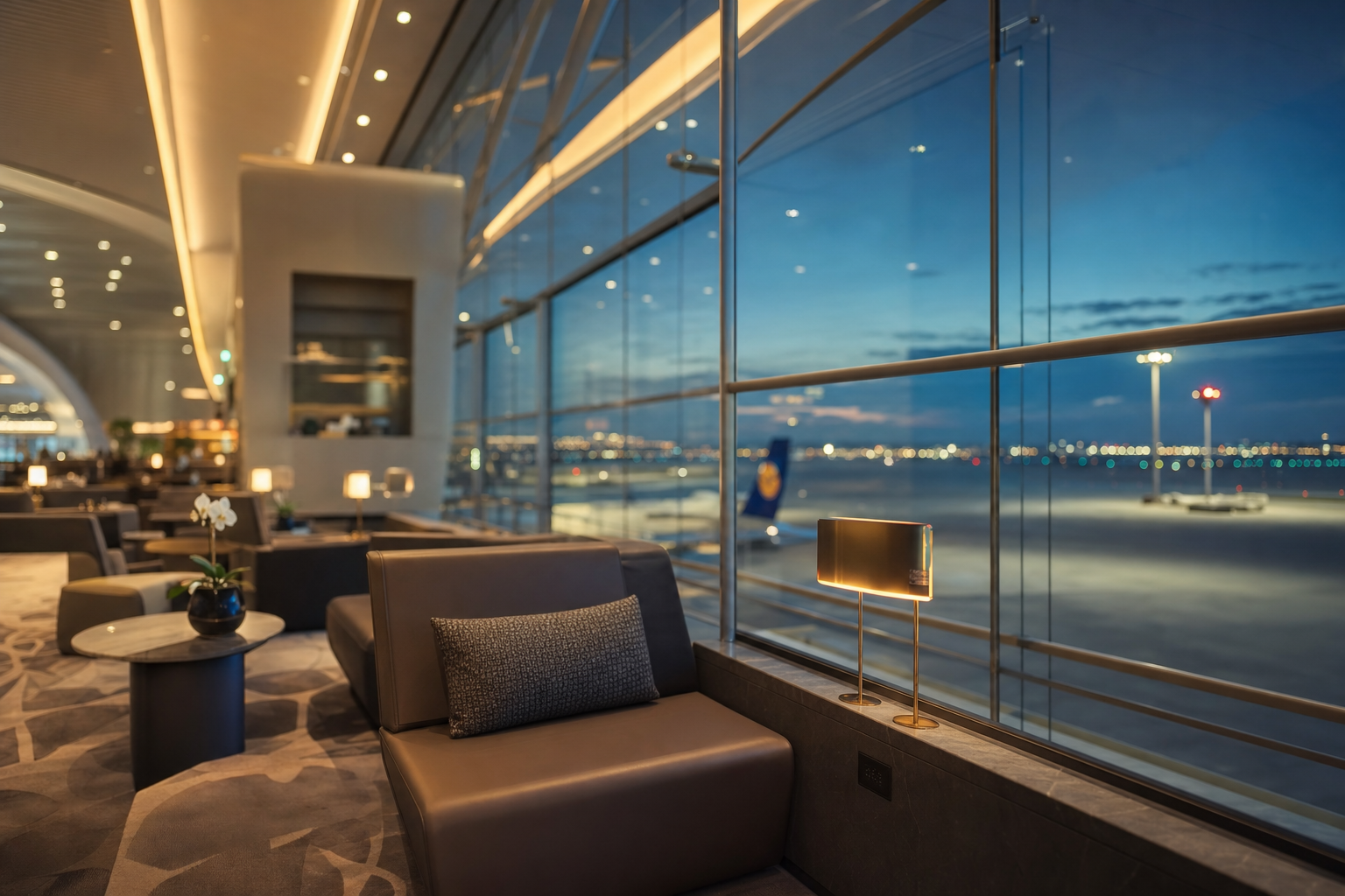 Santo Glam audio — airport terminal at night, city lights below the glass