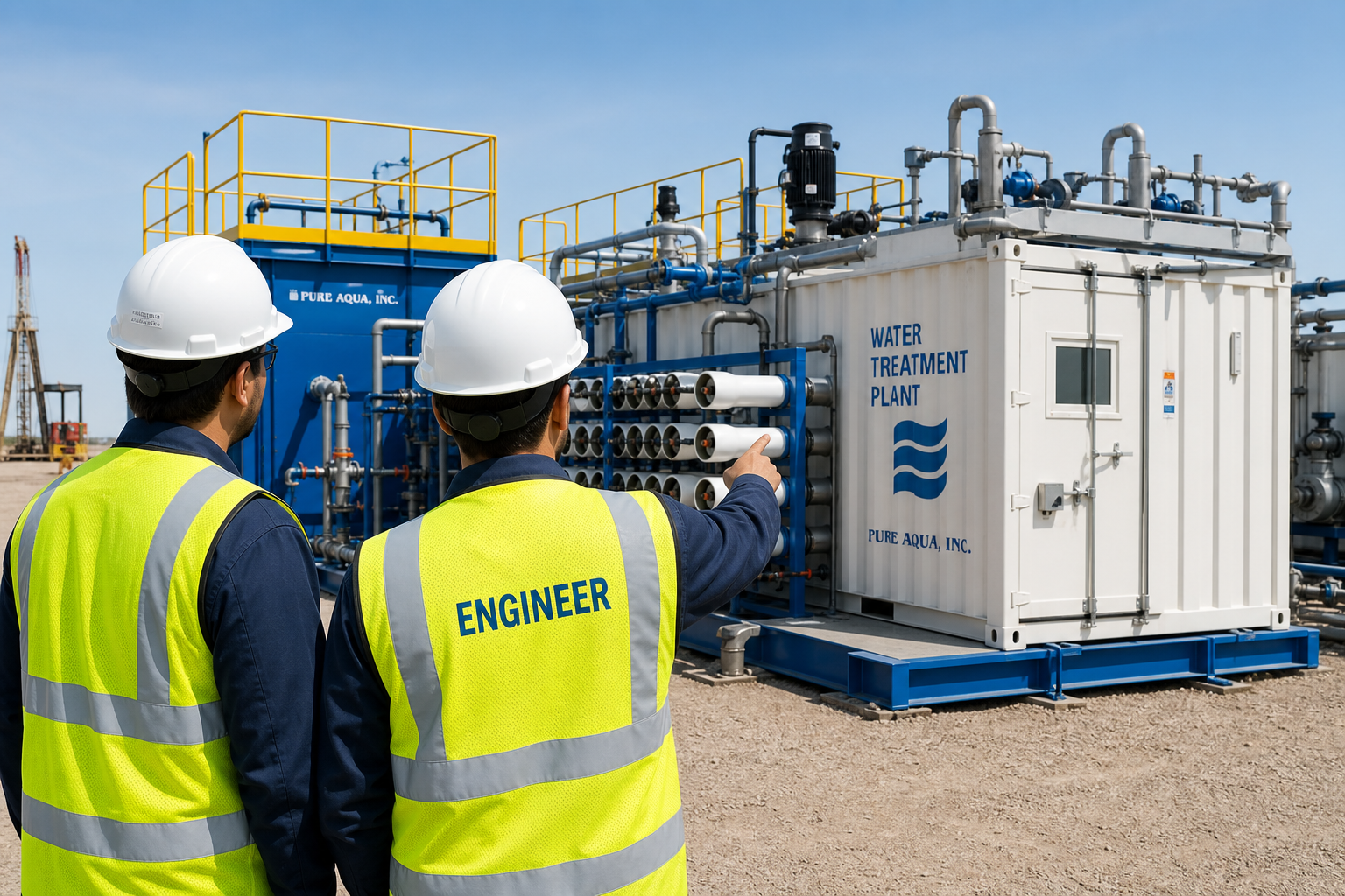 Engineers inspecting a modular water treatment plant on site