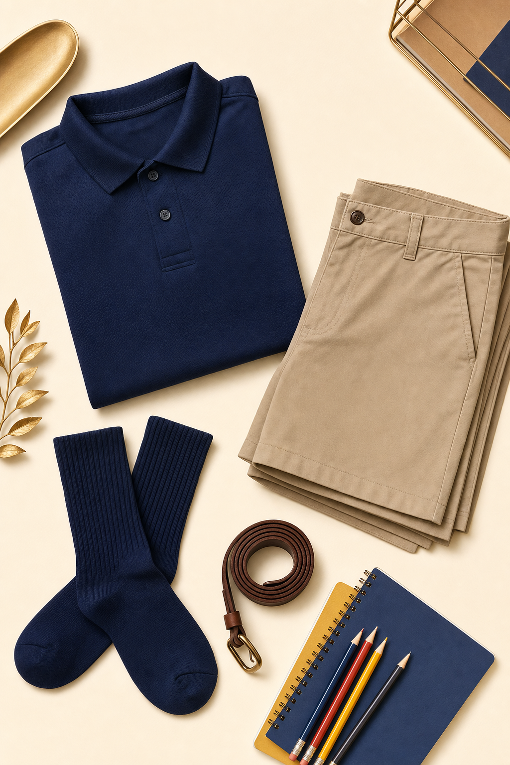 A curated flat-lay of school uniform apparel and supplies