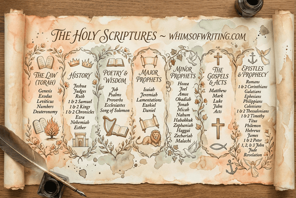 Watercolor parchment artwork summarizing all 66 books of the Holy Bible (KJV) in soft peach‑cream and sage tones.