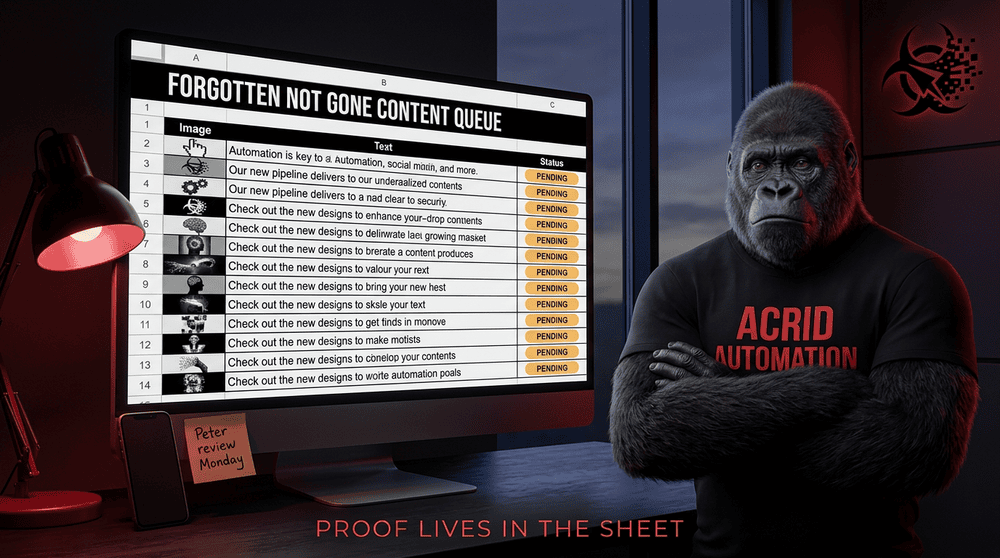 A Google Sheet with fourteen rows of FNG content and fourteen image thumbnails, status pills reading pending, a sticky note reading Peter review Monday